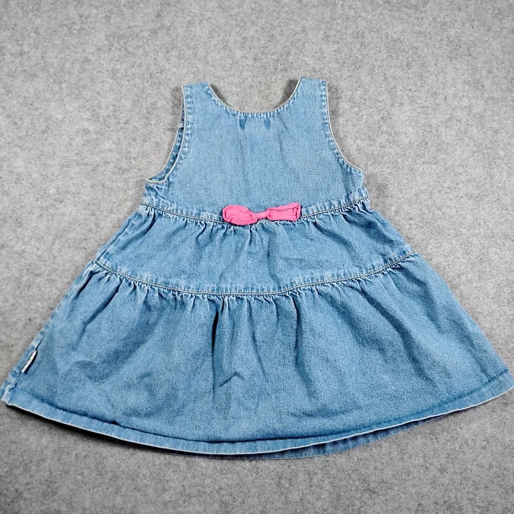 Gymboree Vintage 90s Kids Blue Denim Floral Embroidered Tiered‎ Jumper Dress M